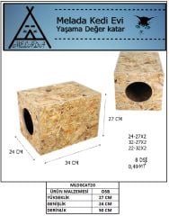 Melada Kedi Evi Dış Ortam Uygun Ahşap Kedi Evi OSB 34x27x24 cm