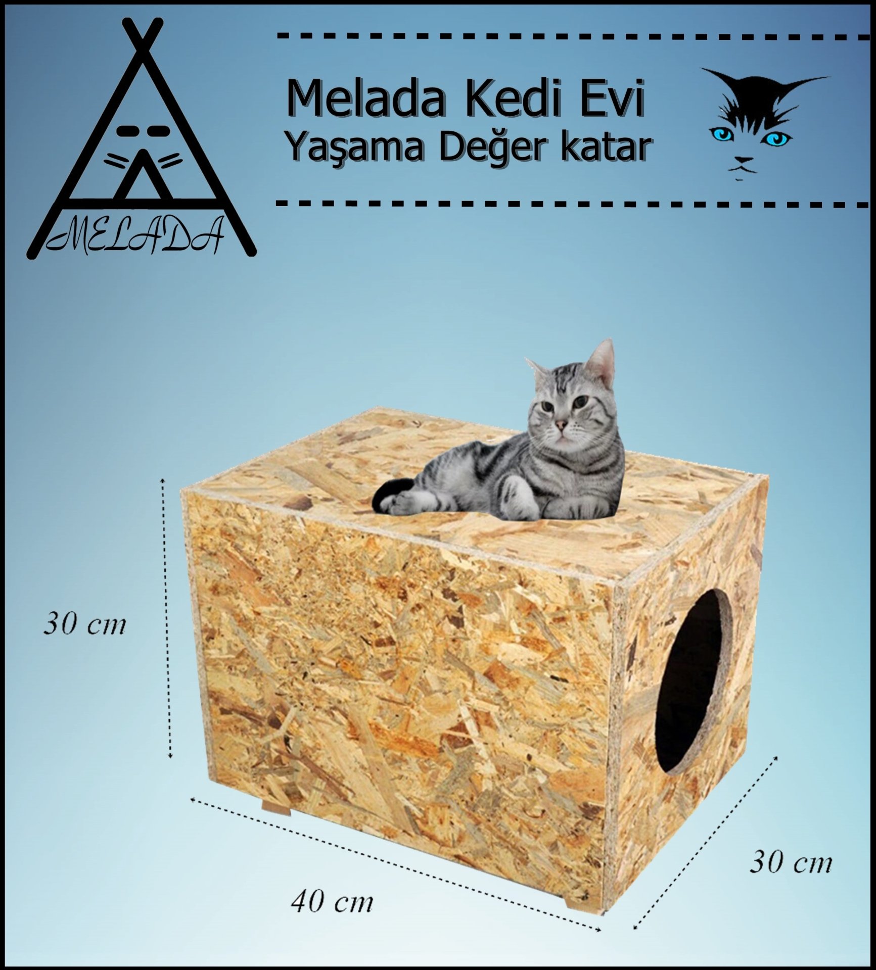 Melada Kedi Evi Dış Ortam Uygun Ahşap Kedi Evi OSB 40x30x30 cm