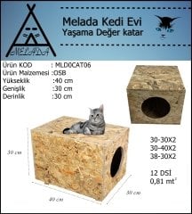 Melada Kedi Evi Dış Ortam Uygun Ahşap Kedi Evi OSB 40x30x30 cm
