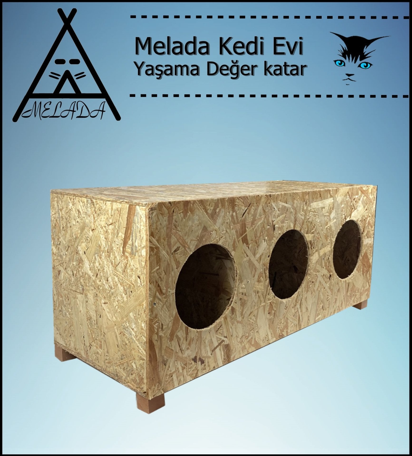 Melada Kedi Evi Dış Ortam Uygun 3'lü Ahşap Kedi Evi OSB 93x40x36 cm