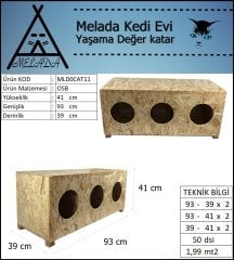 Melada Kedi Evi Dış Ortam Uygun 3'lü Ahşap Kedi Evi OSB 93x40x36 cm