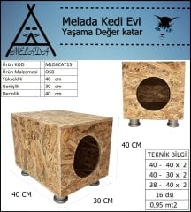 Melada Kedi Evi Dış Ortam Uygun Ahşap Kedi Evi OSB Plastik Ayak 40x40x30 cm