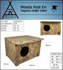 Melada Kedi Evi Dış Ortam Uygun Ahşap Kedi Evi OSB 60x45x40 cm
