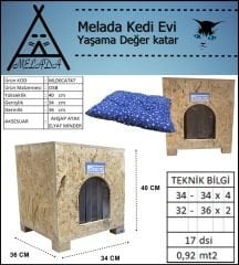 Melada Kedi Evi Dış Ortam Uygun Ahşap Kedi Evi OSB Minderli 40x37x34 cm