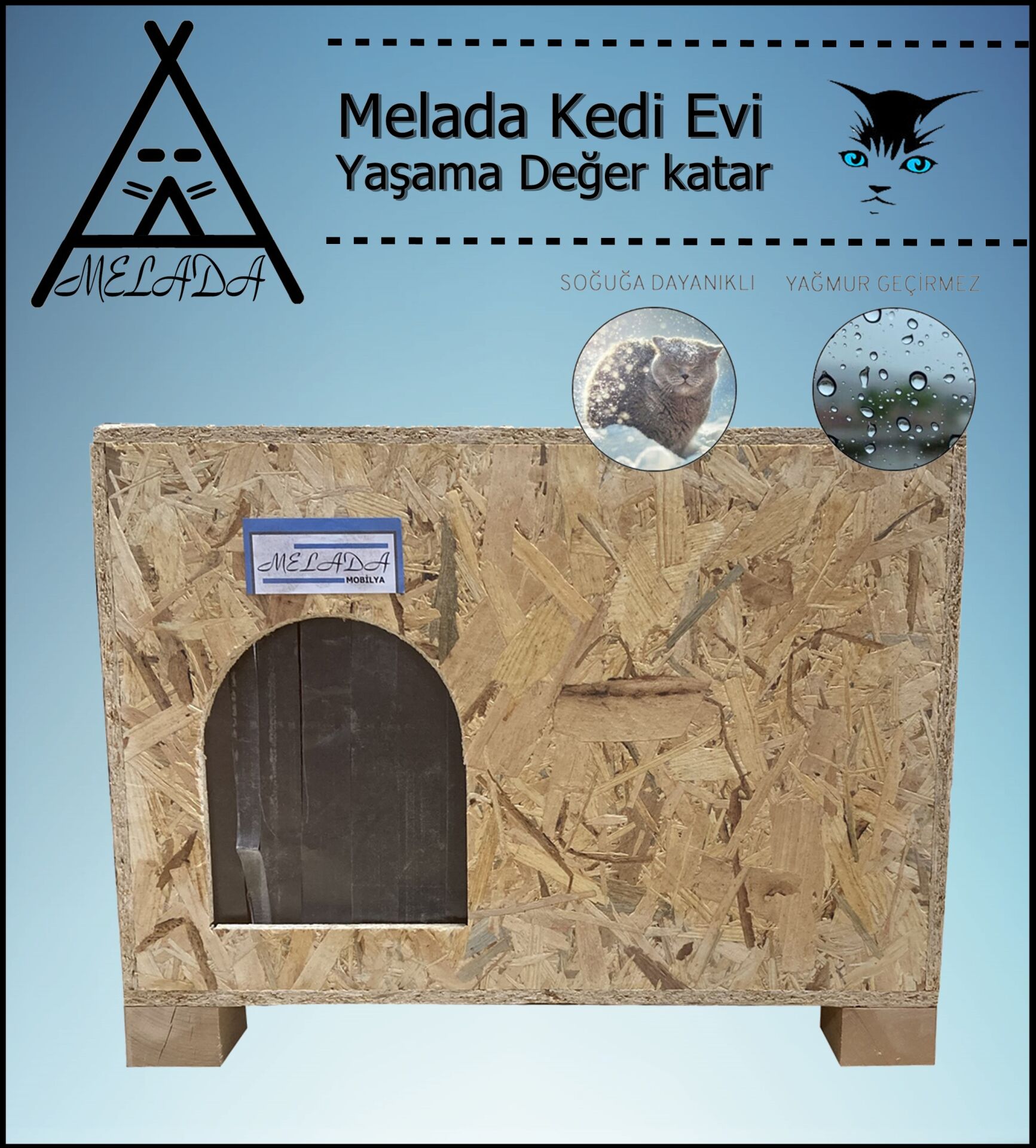 Melada Kedi Evi Dış Ortam Uygun Ahşap Kedi Evi OSB 61x41x36 cm