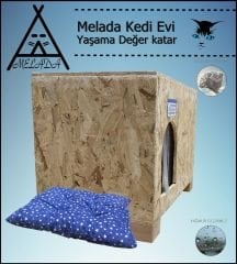 Melada Kedi Evi Dış Ortam Uygun Ahşap Kedi Evi OSB Minderli 61x41x36 cm