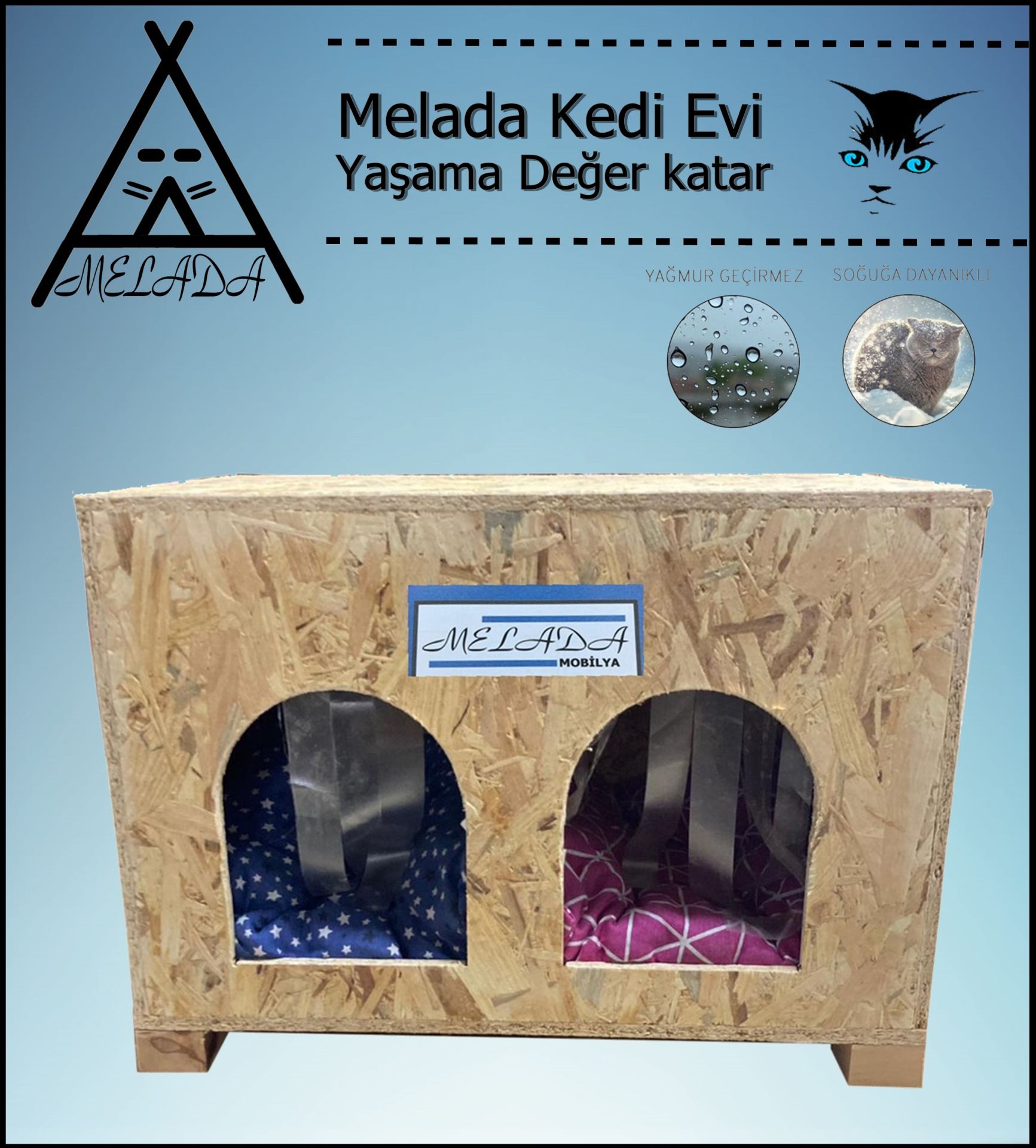 Melada Kedi Evi Dış Ortam Uygun Ahşap Kedi Evi Double OSB Minderli 61x41x36 cm