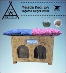 Melada Kedi Evi Dış Ortam Uygun Ahşap Kedi Evi Double OSB Minderli 61x41x36 cm
