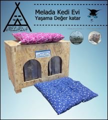 Melada Kedi Evi Dış Ortam Uygun Ahşap Kedi Evi Double OSB Minderli 61x41x36 cm