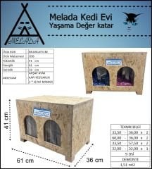 Melada Kedi Evi Dış Ortam Uygun Ahşap Kedi Evi Double OSB Minderli 61x41x36 cm
