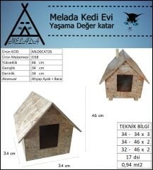 Melada Kedi Evi Dış Ortam Uygun Ahşap Kedi Evi OSB 46x34x34 cm