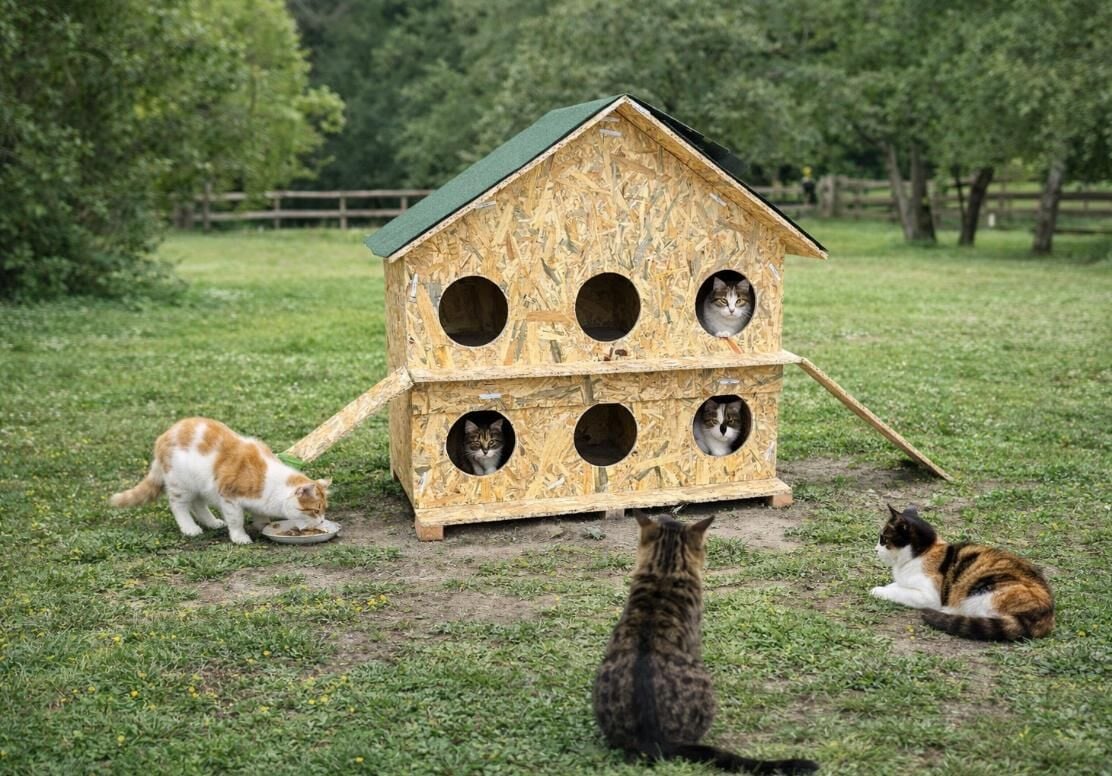 Melada Kedi Evi Dış Ortam Uygun Ahşap Kedi Evi OSB 100X95X50 cm