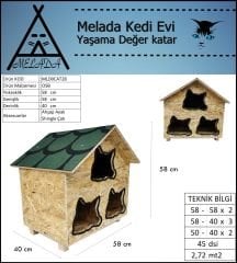 Melada Kedi Evi Dış Ortam Uygun Ahşap Kedi Evi OSB 58x58x40 cm