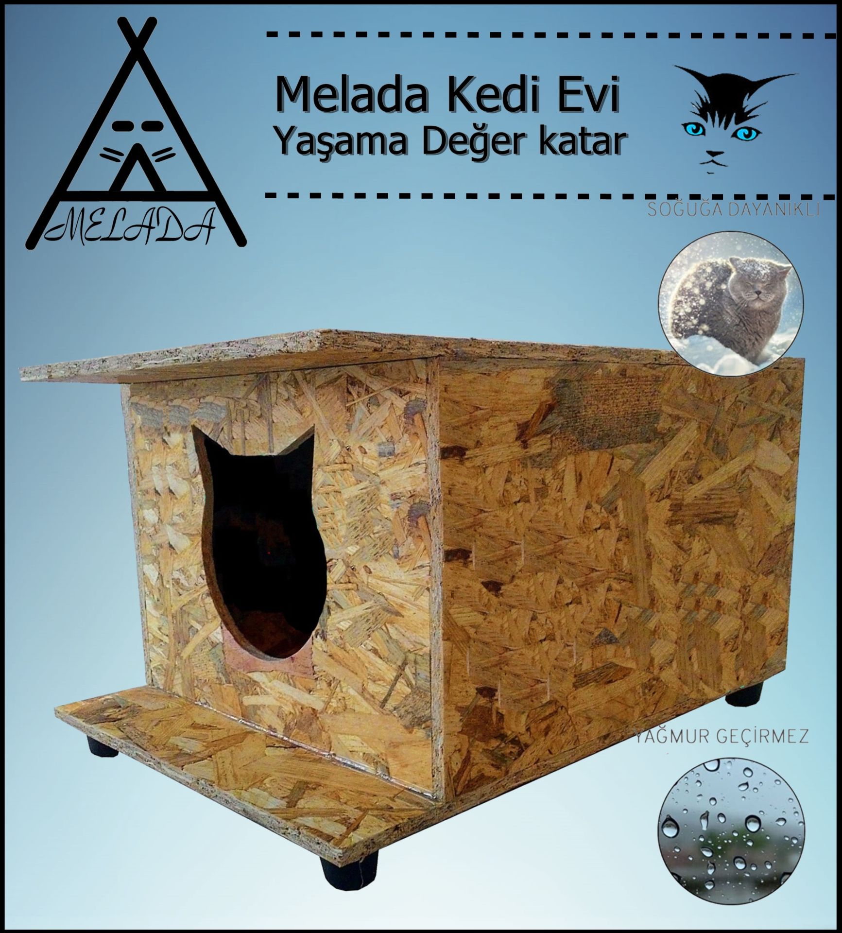 Melada Kedi Evi Dış Ortam Uygun Ahşap Kedi Evi OSB 47x36x25 cm