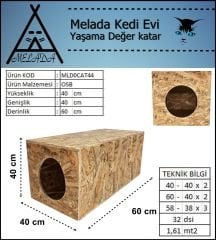 Melada Kedi Evi Dış Ortam Uygun Ahşap Kedi Evi OSB 60x40x40 cm