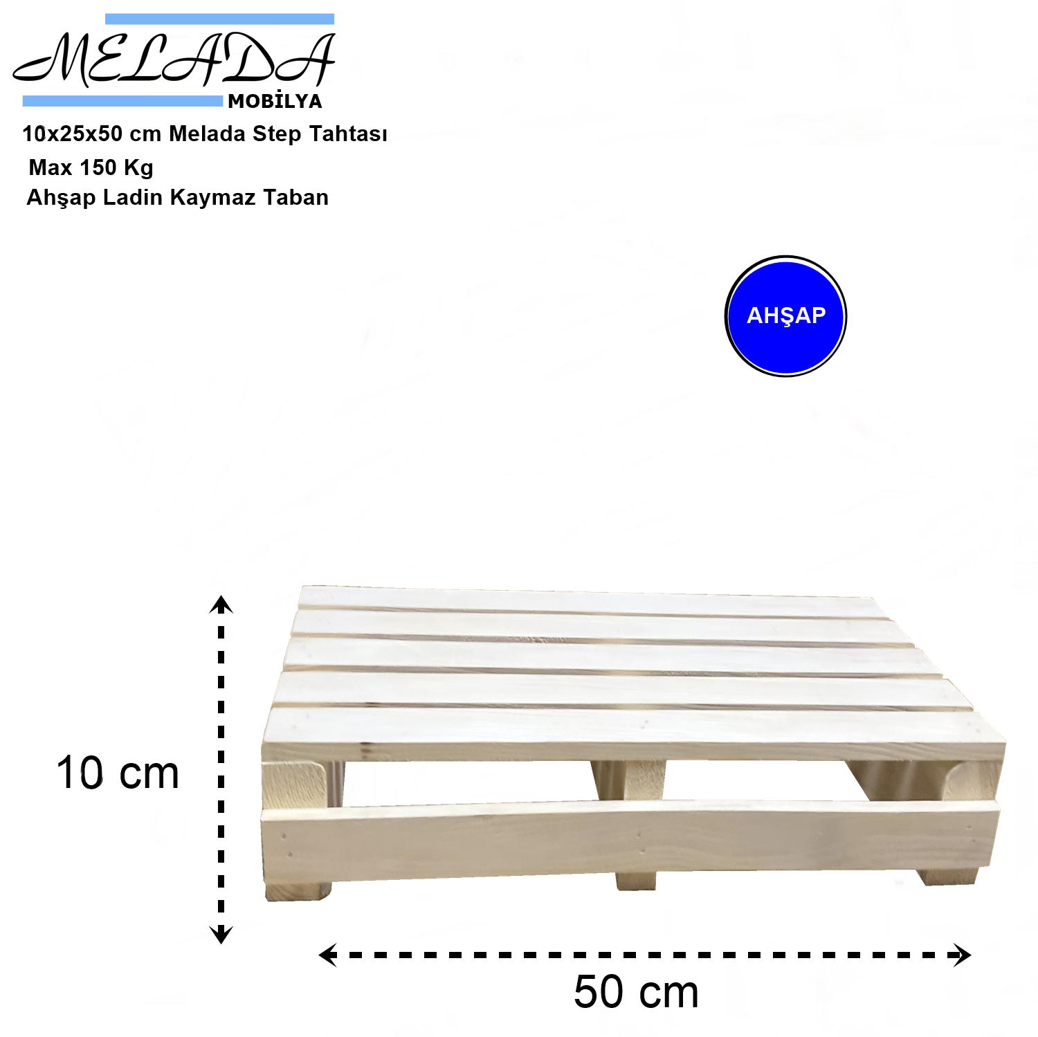 10 cm Yükseklikte Doğal Ahşaptan Ev Içi Kullanıma Uygun Kaymaz Tabanlı Step Tahtası 10x25x50 cm